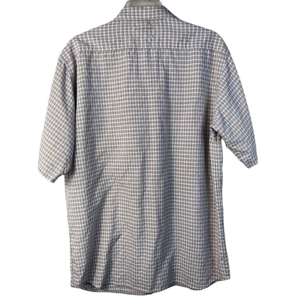 The North Face Short Sleeve Beige Plaid Shirt Hook & Loop Zip Pockets Men's Sz M